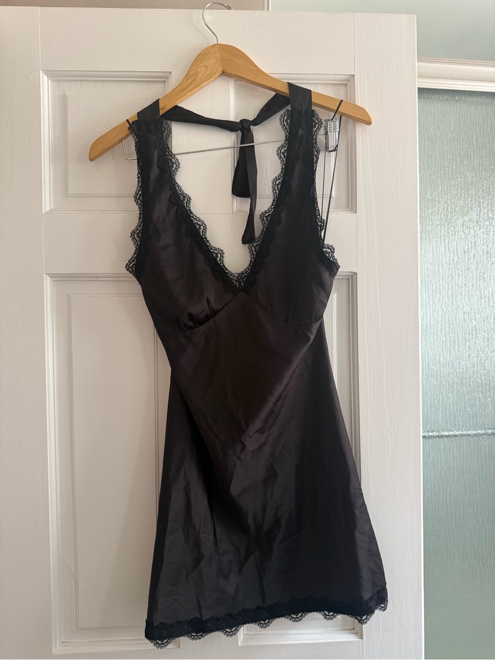 Lioness Black Lace-Trim Satin Mini Dress